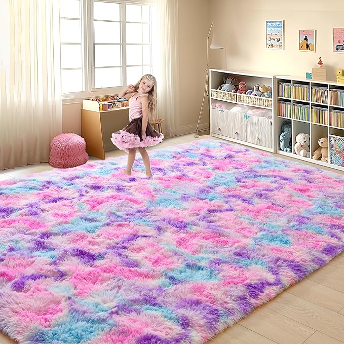 Tepook Soft Rainbow Rug 8x10 for Girls Room, Cute Fluffy Girls Bedroom Area Rug, Shaggy Princess Rug Colorful Carpet for Kids Teens Toddler Playroom Nursery Reading Nook, Hot Pink