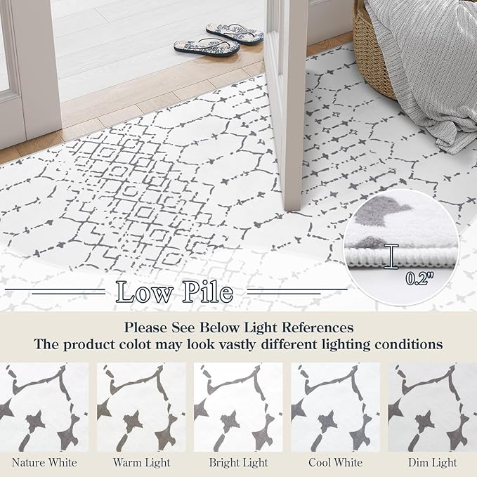 Lahome Moroccan 9x12 Washable Area Rug - Non-Slip Washable Ultra-Thin Soft Large Rug for Living Room, Modern Geometric Print Stain Resistant Carpet for Bedroom Dining Room Hana, White