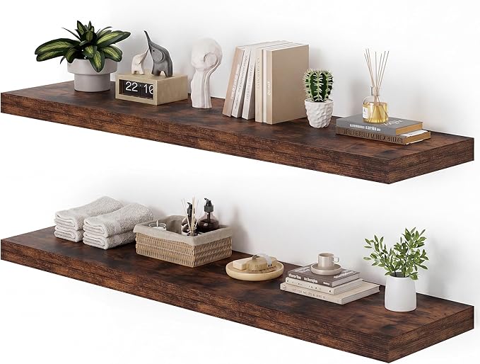 Heimlove 12 Inch Deep Floating Shelves, 55 x 12 inch Extra Long Floating Shelves for Wall, Large Display Shelf & Storage Shelf for Living Room Bedroom Kitchen Home Office, Set of 2, Rustic Brown