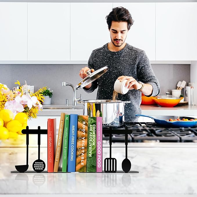Unique Metal Cookbook Bookends, Decorative Bookends, Cookbook Organizer for Kitchen Decor, Cookbook Holder,Kitchen Bookends, Gift for Cooking Lovers Wife Mother New Home Housewarming(Black)