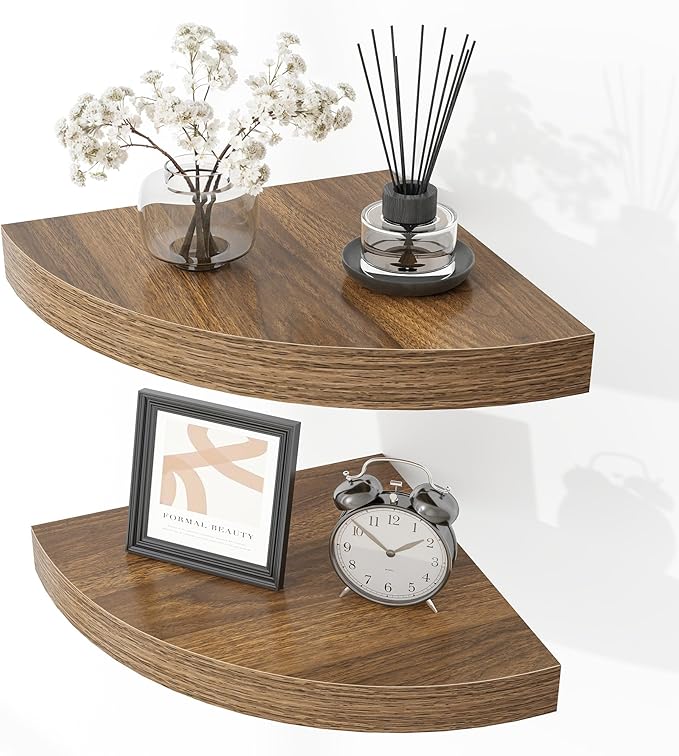 Fun Memories Floating Corner Shelves Set of 2 - Rustic Wood Wall Mounted Storage and Display Shelves for Living Room, Bedroom, Kitchen, Bathroom - Space Saving Home Decor, Walnut