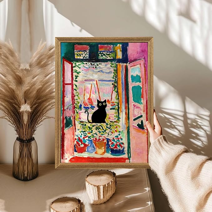 Fantasy Artists Henri Matisse Cat Wall Art, Framed Open Window Black Cat Canvas Poster Prints, Abstract Aesthetic Wall Decors for Living Room, Oil Paintings for Room Bathroom Decorations 12" X 16"