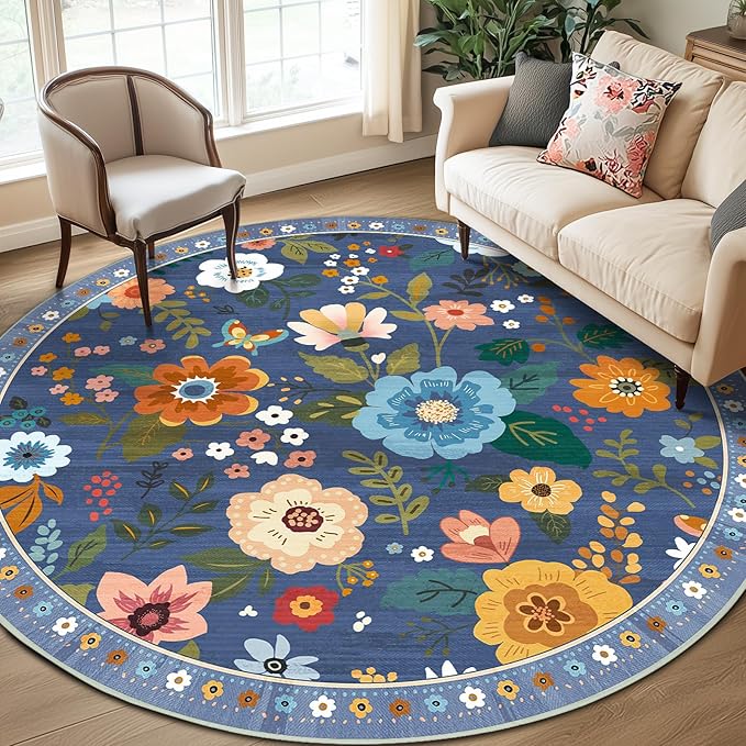 RELEANY Floral Nursery 8ft Area Rugs Washable Print Boho Cute Carpet Non Slip Flower Low Pile for Living Room Kids Girls Playroom Bedroom Kitchen Office Farmhouse-Blue/Grey