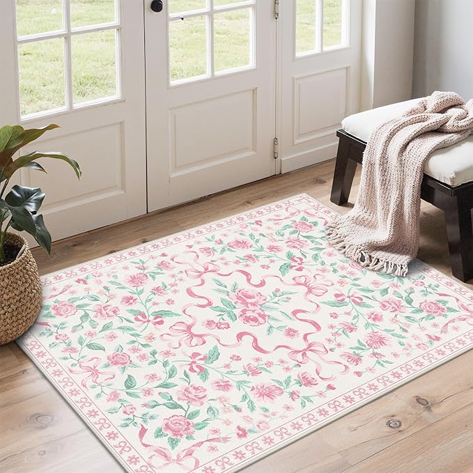 GENIMO 3X5 Washable Vintage Area Rugs for Living Room, Non-Slip Low Pile Chenille Print Rug, Soft Rugs for Bedroom Dining Room Home Office, Pastel Pink