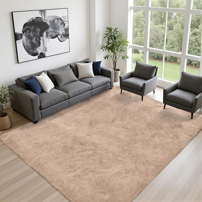 Fluffy Area Rugs 9x12 Living Room Bedroom: Ultra Soft Shag Rug Upgrade Non-Slip Non-Shedding Large Fuzzy Plush Carpet Indoor Floor Carpets for Kids Room Playroom Nursery Dorms Home Decor Beige
