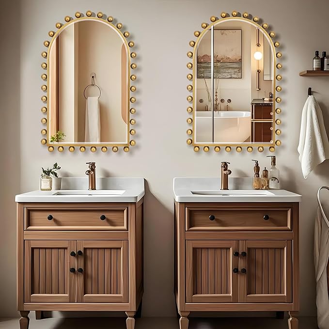 24x36 Inch Arched Wall Mirror with Antique Gold Ball Frame, Beveled Arched Decorative Wall Mirror, Vintage Gold Accent Mirror for Living Room, Entryway, Bedroom, Hallway & Over Console Decor