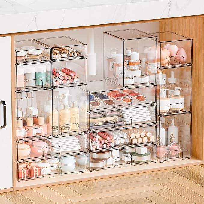 Yieach 4 Pack Small Clear Stackable Storage Drawers,2.2'' Tall Desk Organization and Storage,Plastic Office Supply Organizer,Acrylic Storage Containers for Makeup,Hair Clip,Accessory,Pen,Art Crafts