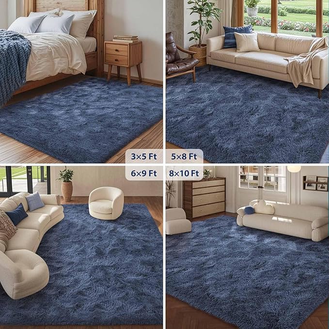 FinRèc Dark Blue Rug for Bedroom Living Room, 4x6 Feet High Pile Plush Area Rug, Non-Slip Soft Fluffy Carpet for Nursery Kids Room Dorm Room Home Decor, Indoor Fuzzy Floor Rugs