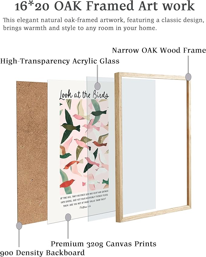 EcoHest Large 16x20in OAK Wood Framed Wall Art, Look at the Birds of the Air Bible Verse Matthew 6, Christian Scripture Modern Canvas Wall Decor for Bedroom Living Bathroom Religious Gift 1 Pack