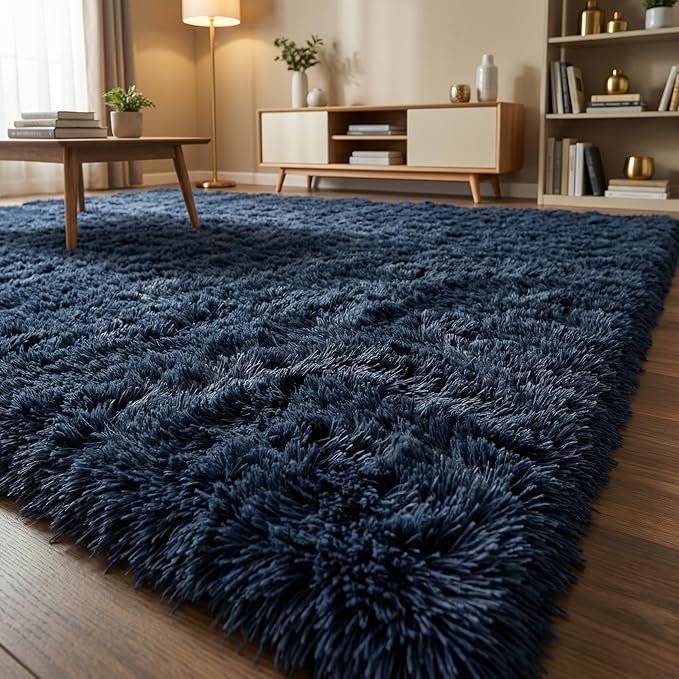 Large Area Rugs for Living Room, 9x11 Soft Fluffy Shaggy Rug, Machine Washable Non-Slip Plush Fuzzy Indoor Carpet, Aesthetic Home Decor for Bedroom,Kids Room,Nursery,Dorm, Navy Blue