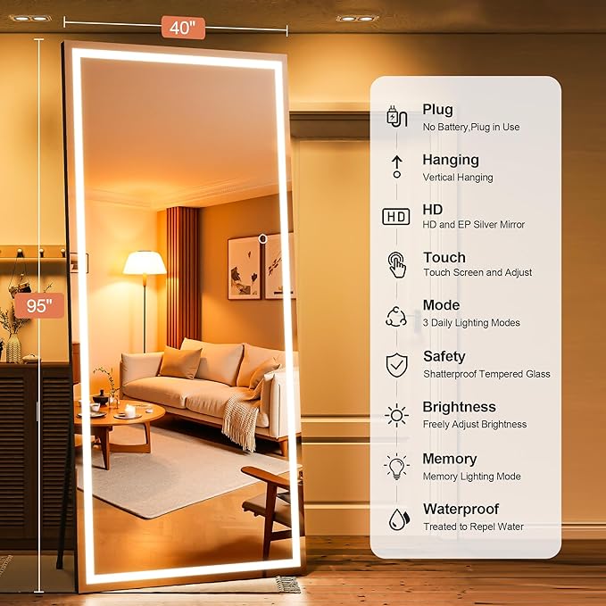 95" x 40" Full Length Mirror with Lights, Large LED Lighted Floor Standing Body Mirror, Dimmable & 3 Color Lighting for Home Gym, Cloakroom, Living Room, Tempered Glass, Black Frame