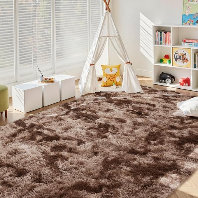10x14 Ft Extra Large Shag Brown Area Rug for Living Room, Tie-Dyed Ultra Soft Fluffy Furry Rugs for Bedroom Indoor Floor, Aesthetic Carpet for Kids Home Decor (Coffee)