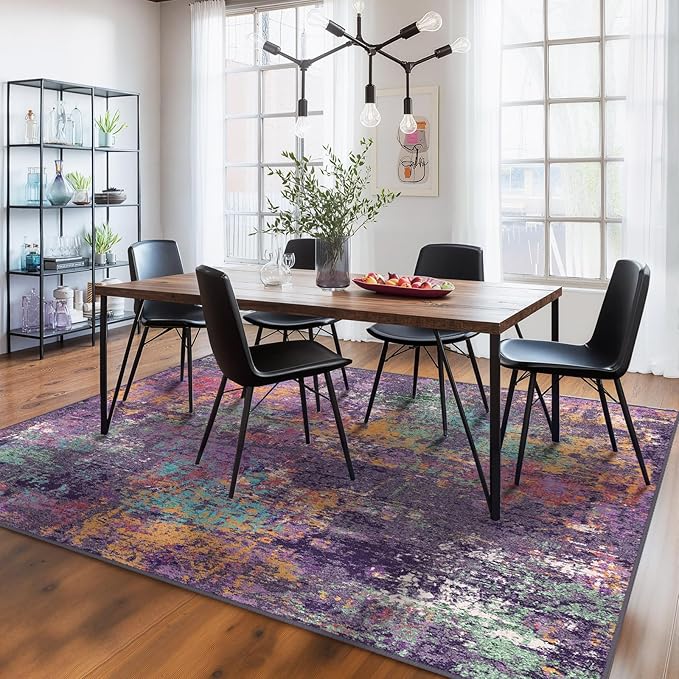 RELEANY Washable Area Rugs 10'x14 Non-Slip Modern Abstract Soft for Living Room Entryway Bedroom Nursery, Print Pattern, Purple Orange Blue Green Rust Red Colorful