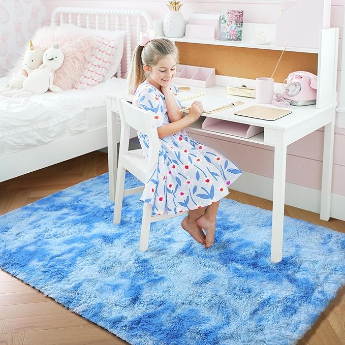 Amdrebio Tie-Dyed Light Blue Area Rugs for Bedroom Living Room, 5x7 Soft Cute Fluffy Stitch Rug for Girls, Boys, Baby Kids Room Decor, Plush Shaggy Fuzzy Furry Carpet for Classroom Nursery Playroom