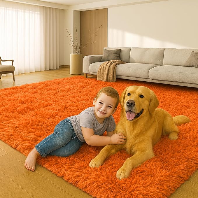 5x7 Plush Fluffy Area Rugs, Large Soft Carpet, Upgraded Non-Slip Rectangular Rug for Living Room, Bedroom, Kids Room, Dorm,Modern Home Decor Aesthetic,Orange.