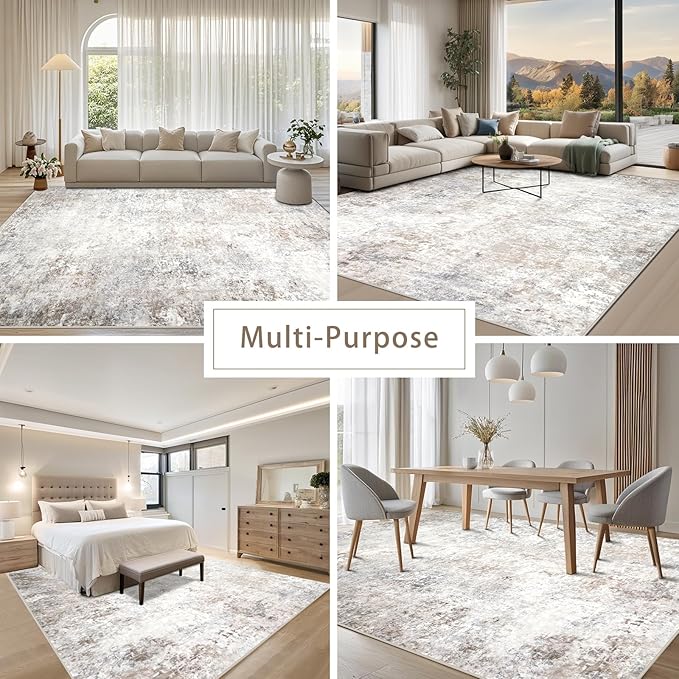 Srugn Washable Rugs 5x7 Area Rugs for Living Room,Modern Abstract Rugs for Bedroom,Large Carpets,Ultra Soft Faux Wool Retro Dining Room Rug,Non Slip&Non-Shedding Low Pile Print Rug- Beige Grey