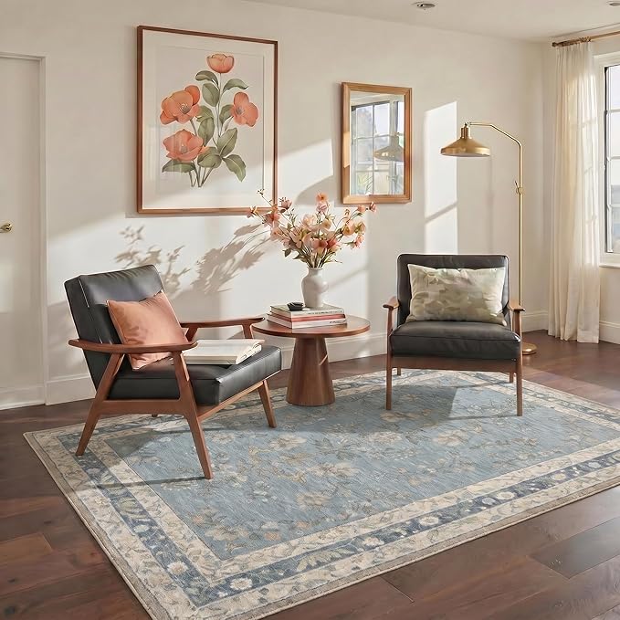 GENIMO 5x7 Area Rugs for Living Room, Machine Washable Non Slip Vintage Rugs, Low Pile Lightweight Chenille Print Rug for Bedroom, Dining Room, Home Office, Dusty Blue