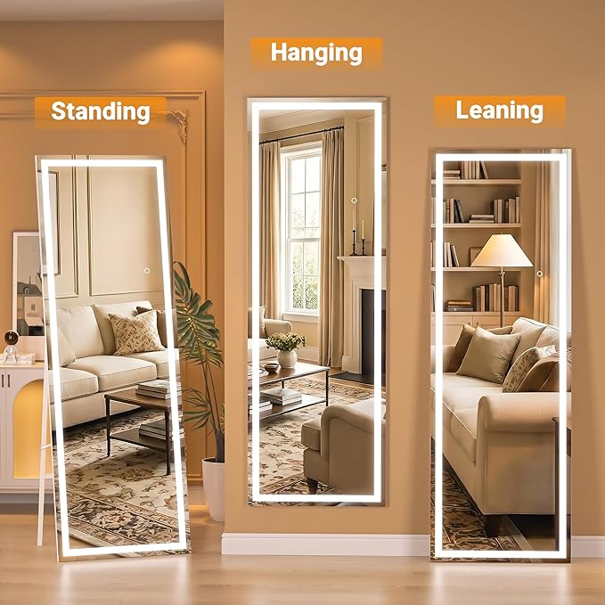 Full Length Mirror with Lights, 56" x 16" LED Lighted Floor Standing Body Mirror, Dimmable & 3 Color Lighting for Bedroom, Cloakroom, Dressing Room, Tempered Glass, Square White