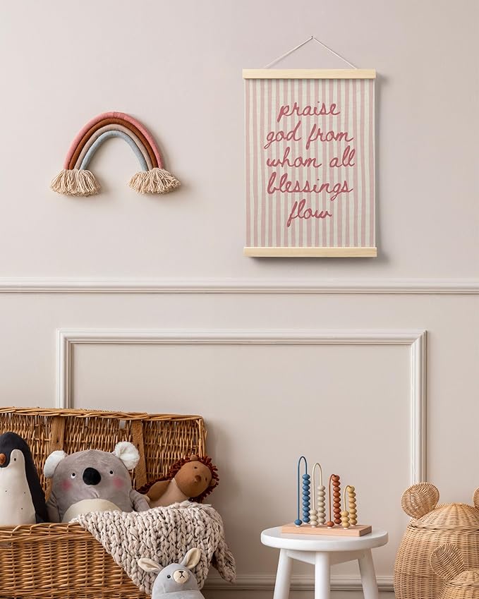 FGFK Trendy Pink Christian Wall Art Poster Hanger Frame, Trendy Striped Praise God From Whom All Blessing Flow Bible Verse Scripture Canvas Prints Framed Wall Decor for Room Home Dorm, 12x16 Inch