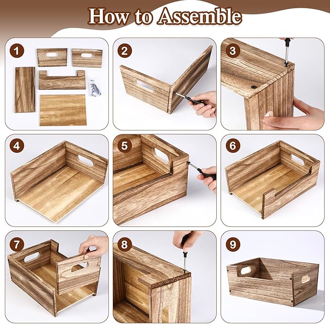 Set of 3 Wood Storage Nesting Crates for Display, Decorative Farmhouse Wooden Boxes with Handles Rustic Wood Basket Container for Organization Decor