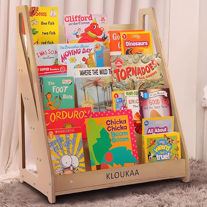 Kids Bookshelf Organizer, Montessori Front-Facing Wooden Bookcase for Toddlers, 5-Tier Children's Book Storage with Deep Shelves — Pink, Blue, Natural Wood (Brown)