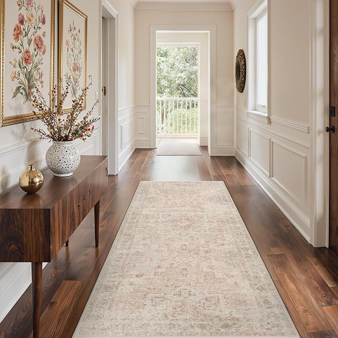 GENIMO 2x6 Runner Rugs for Hallway, Machine Washable Non Slip Vintage Rugs, Low Pile Lightweight Soft Print Rug for enrtyway, Corridor, Home, Office, Kitchen, Light Pink