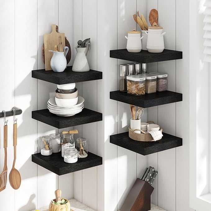 12 Inch Floating Shelves for Wall with Invisible Brackets Set of 3, 12"D Engineered Wood Wall Shelves with Wood Grain for Living Room, Bedroom, Bathroom, Kitchen Decor and Storage, Black Finish