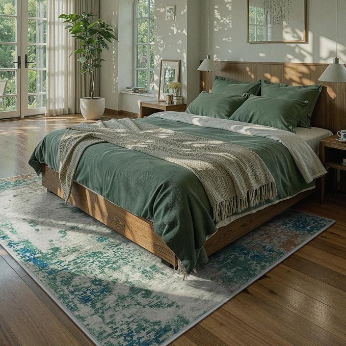 Lahome Modern Abstract Area Rug 5x7 Rugs for Living Room, Washable Accent Bedroom Rug Non-Slip Non Skid, Indoor Floor Contemporary Carpet for Kitchen Bathroom Laundry,Green/Grey