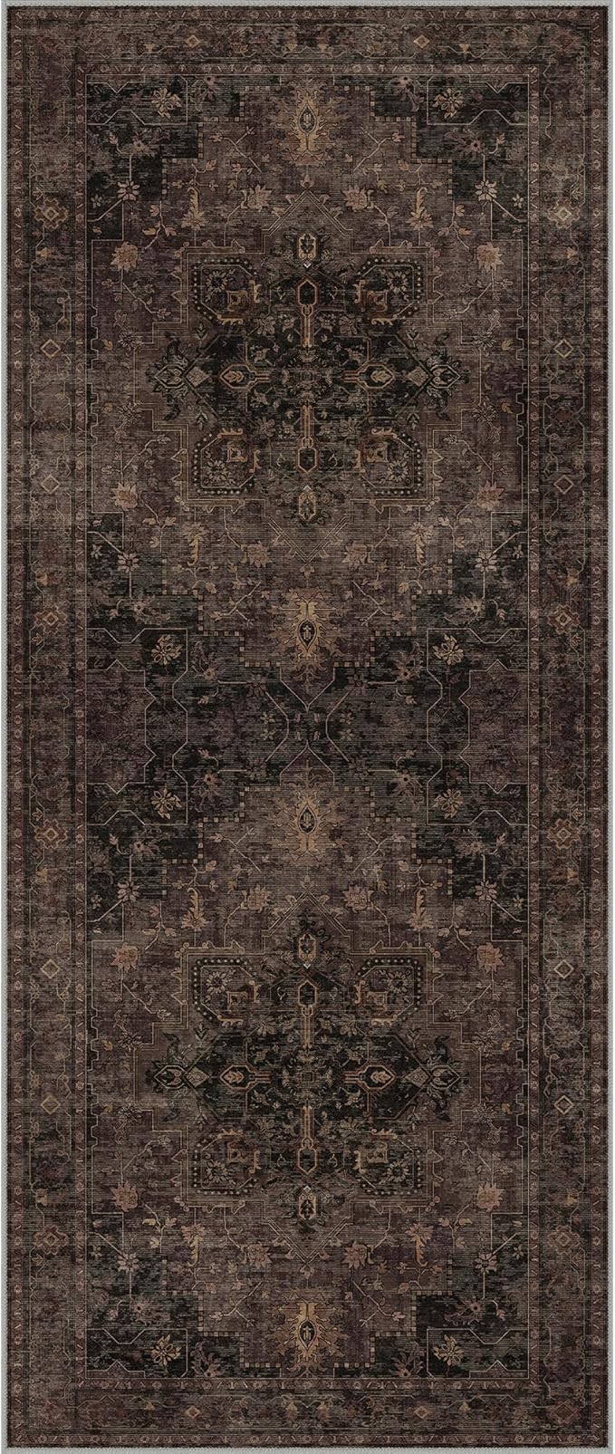 GENIMO 2'6"x10 Runner Rugs for Hallway, Machine Washable Non Slip Vintage Rugs, Low Pile Lightweight Soft Print Carpet for enrtyway, Corridor, Home, Office, Kitchen, Charcoal Brown