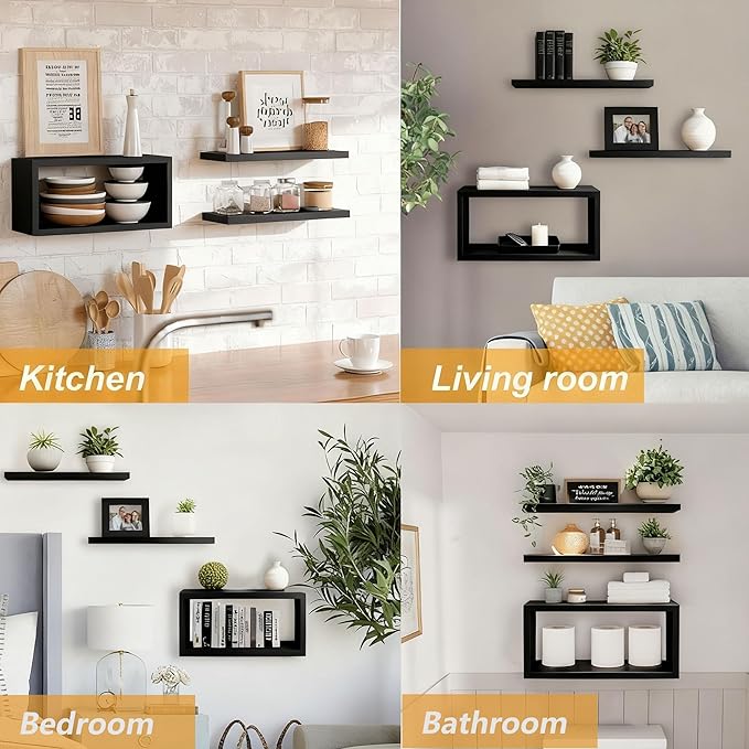 Wall Mounted Floating Shelf, c Long for Bedroom Living Room Kitchen Staircase Bathroom Above Toilet Wall Decoration Book Storage Room Recoration (3piece Set) Black