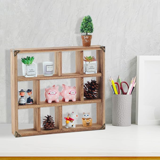 17.7x15.7-Inch Shadow Box Shelf 9-Slot Rustic Wood Floating Shelves Larger Shelf Lightweight Solid Wood Display(Set of 2,9C-Brown)