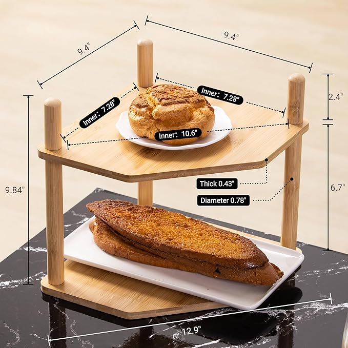 2Pcs 2-Tier Expandable Bamboo Corner Shelf - Dish/Plate Organizer for Cabinet, Kitchen Counter Shelf & Small Kitchen Shelf, Adjustable