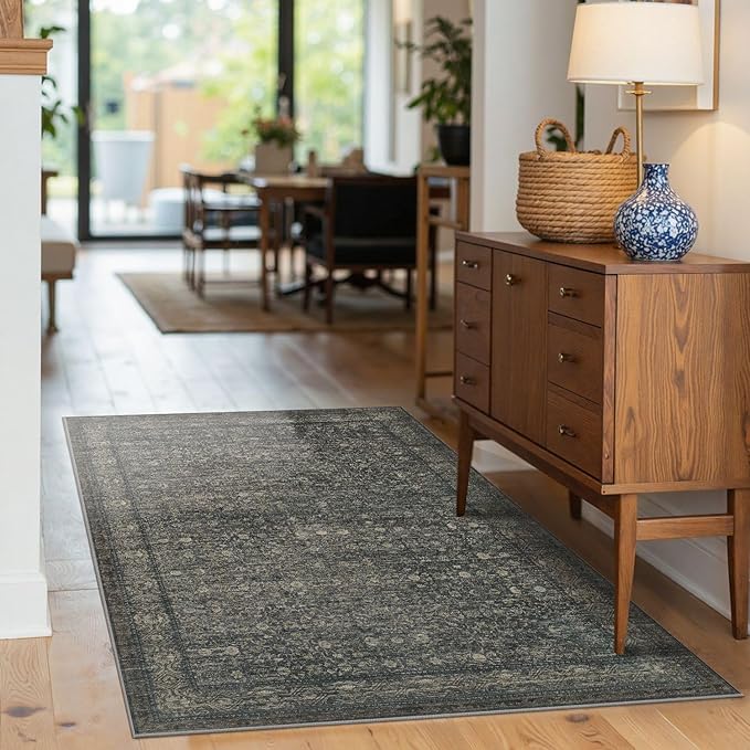 Rugxara 3x5 Washable Entryway Rug, Non Slip Boho Runner Rugs for Hallway, Entrance, Kitchen, Bathroom, Laundry Room, Soft Entryway Carpet, Throw Low Pile Retro Imitation Wool Carpet, Moss Brown