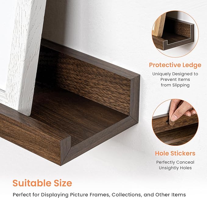 RICHFOCUS Picture Ledge Shelf, 55 inch Floating Shelves Set of 2, Wood Wall Shelves with Lip, Wall Decor Storage for Bedroom Living Room Bathroom Kitchen Nursery Photo Picture, Walnut