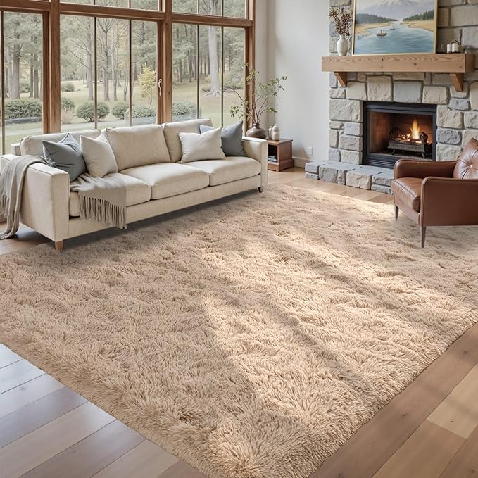 8x10 Area Rugs for Living Room Fluffy Neutral Beige, Modern Plush Non-Slip Soft Bedroom Shag Carpet for Book Room Office,Coffee Stain Resistant