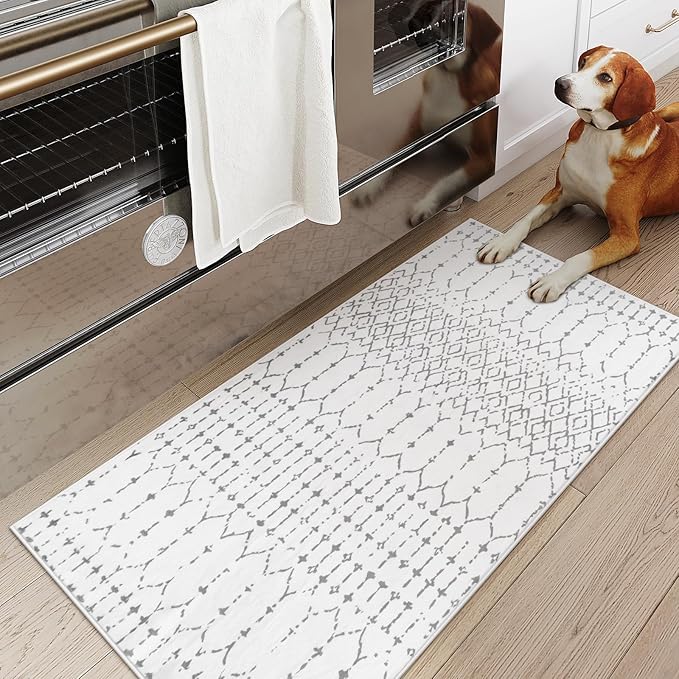 Lahome Moroccan Runner Rug for Hallway - 2x4 Rug Washable Non-Slip Small Carpet Runner Lightweight Throw Rubber Back Bath Carpet, Geometric Print Mat for Kitchen Entryway Bedroom Hana (White, 2'x4')