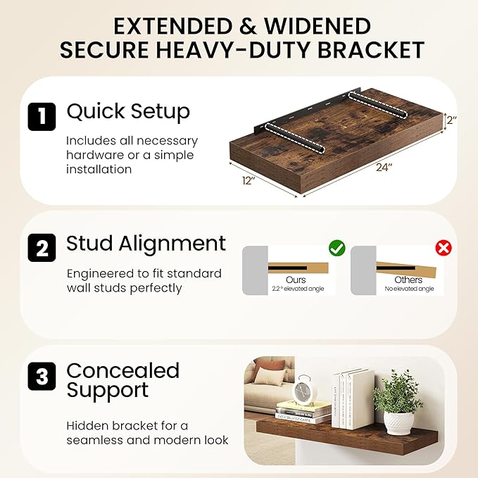 30Inch Floating Shelves for Wall, 12 Inch Deep Shelves for Bedroom, Kitchen, Bathroom Wall Mounted, Rustic Wood Floating Shelf with Invisible Brackets for Books, Storage, Decor, Rustic Brown, 2 Packs