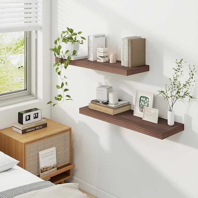 Fun Memories 9.3Inch Deep Floating Shelves for Wall, 30 Inch Rustic Wood Wall Mounted Shelves for Bathroom, Bedroom, Kitchen, Deep Floating Shelf for Storage & Home Decor (Walnut, Set of 2)