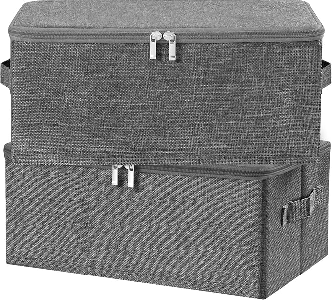 ANMINY 2PCS Storage Bins with Zipper Lids 13 Qt Lidded Fabric Storage Boxes Baskets Cubes with Handles Collapsible Washable Cotton Linen Closet Shelf Clothes Organizer Containers - Gray, Small