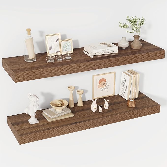 Acovy 40 Inch Floating Shelves, 12" Deep Floating Shelf Wall Mounted, 40" Wall Shelves, Rustic Deep Bookshelf, Extra Deeper & Thicker Display Shelves for Bedroom, Living Room, Walnut, Set of 2