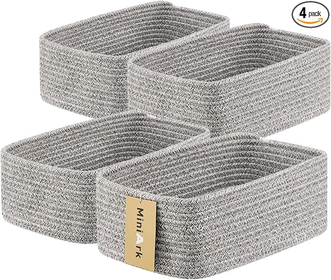 MiniArk Small Storage Baskets for Organizing | Closet Organizer Bins | Shelf Toy Basket | Woven Rope Baskets | Cube Decorative Box | Shallow Basket | 11.5x7.5x4.7” | 4 Packs Mixed Grey