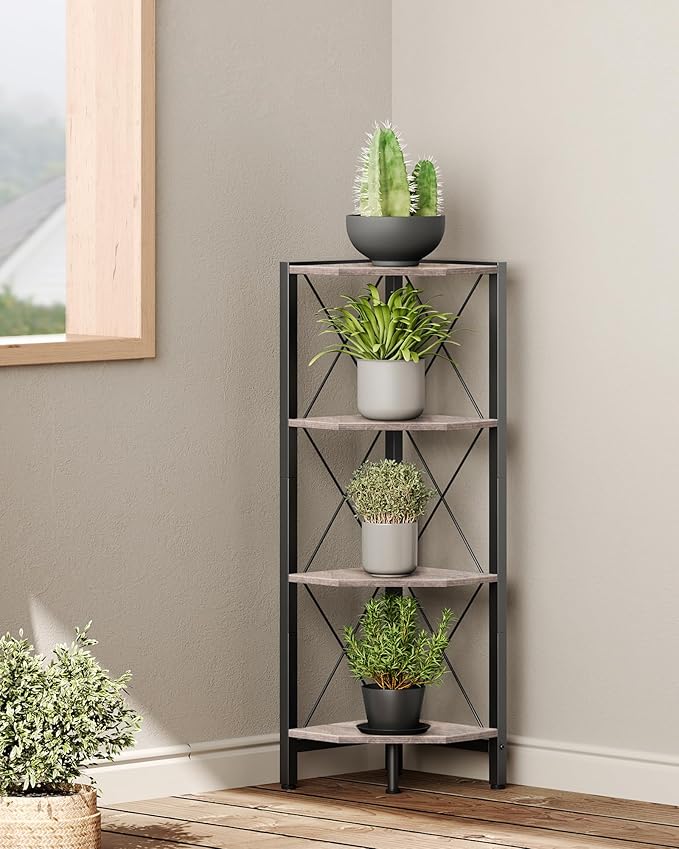 CHOEZON 4-Tier Corner Shelf, Corner Bookcase, 43.3" Tall Vertical Display Rack, Plant Stand, Open Storage Shelf, for Living Room, Bedroom, Study, Kitchen, Greige and Black TCJ14BG