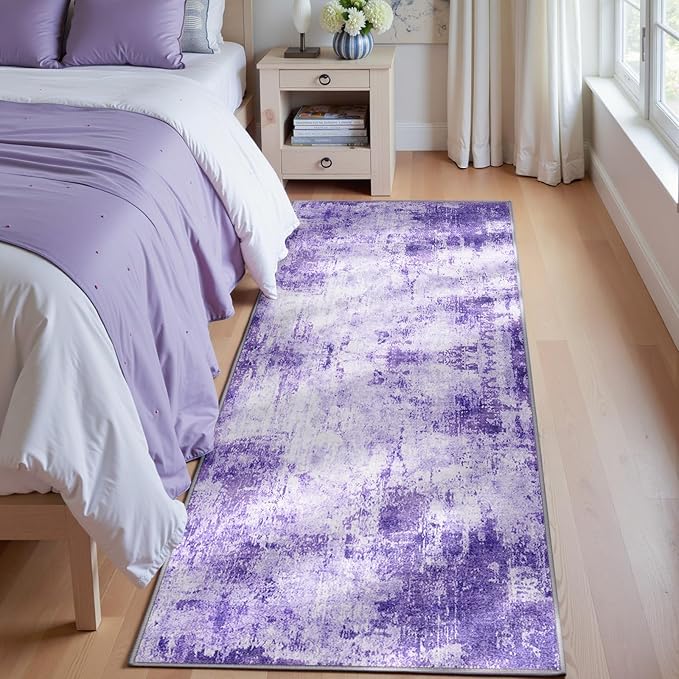 RELEANY Washable Area Rugs 2'x8' Non-Slip Modern Abstract Soft for Living Room Entryway Bedroom Nursery, Print Pattern, Purple Gray Pink White