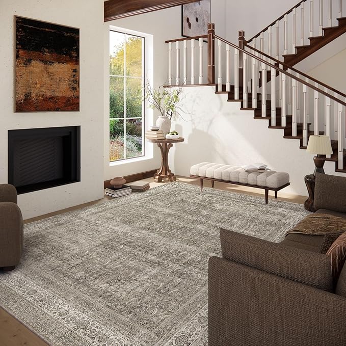 Washable Area Rugs for Living Room: 9x12 Bedroom Rug Boho Vintage Area Rug Stain Resistant Non Slip Low Pile Lightweight Soft Carpets for Dining Room Kitchen Nursery Kids Room Farmhouse