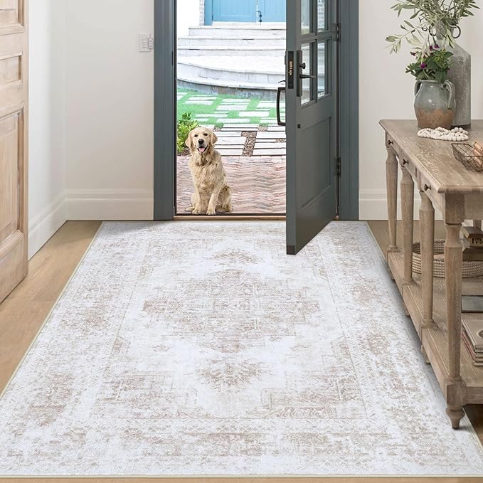 XLUEZ Bedroom Rug 3x5 Vintage Rugs, Machine Washable Small Area Rug Retro Medallion Distressed Rugs Non-Slip Soft Low Pile Throw Rug for Entryway Bedroom Bathroom Hallway Kitchen(Beige,3'x5')