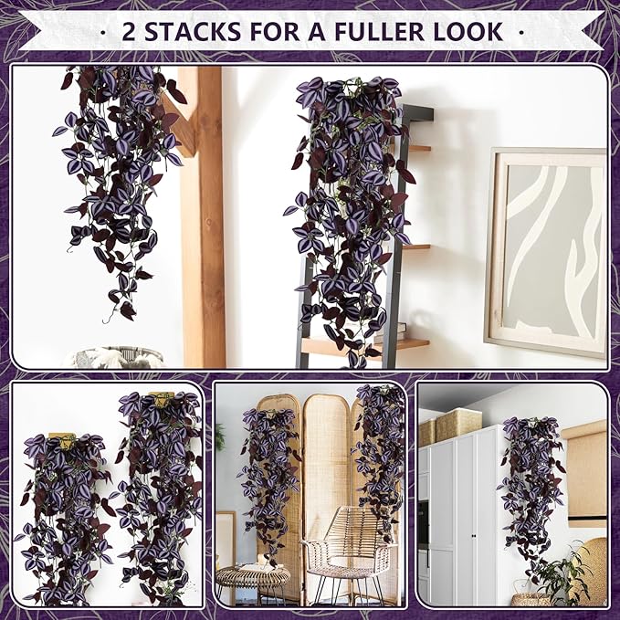 2-Pack Fake Hanging Plants, Faux Hanging Plant Artificial Greenery for Living Room Bedroom Boho Wall Shelf Indoor Outdoor Decor (Purple-Eyed Hairy Leaf)