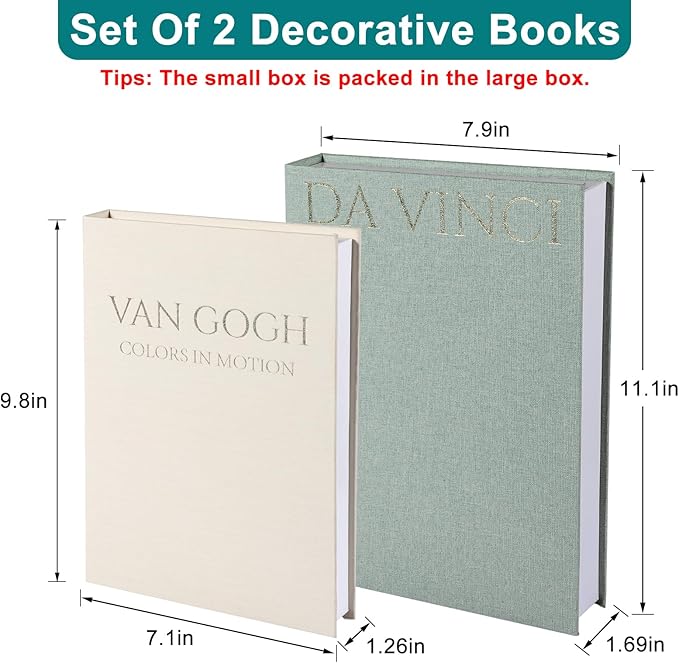 Decorative Books for Home Decor, Set of 2 Linen Decorative Boxes for Aesthetic Room Decoration, Coffee Table Decor, Keepsake, Hidden Storage with Magnetic Closure (Sage+Beige)