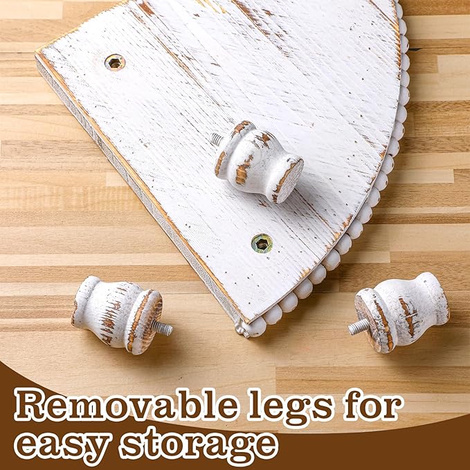 Kigley 2 Tiered Corner Riser for Kitchen Counter Wood Beaded Corner Shelf White Wash Countertop Bathroom Counter Organizer Rustic Decorative Pedestal Stand with Removable Feet for Kitchen Coffee Bar