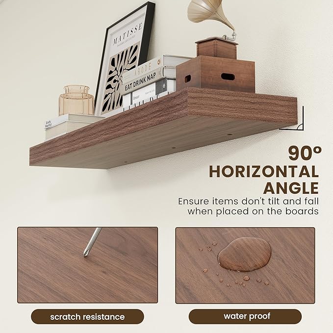 FLYJOE 48 Inch Walnut Floating Shelf | 12 Inch Deep Floating Shelves Set of 1 | 48" D x 12" D Rustic Wood Shelves for Wall | Deep Walnut Shelves for Living Room Bathroom Laundry Room Kitchen