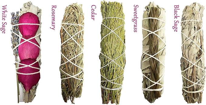 Smudge Sticks Sampler - 1 White Sage with Rose and Lavender, 1 Rosemary, 1 Cedar, 1 Sweetgrass White Sage and 1 Black Sage